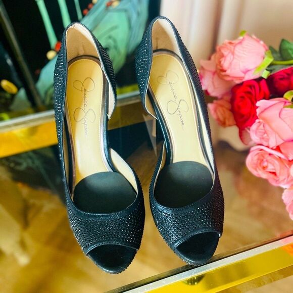 ♥️ Jessica Simpson Black Rhinestone Peep-Toe d’Orsay Pumps - Picture 13 of 13